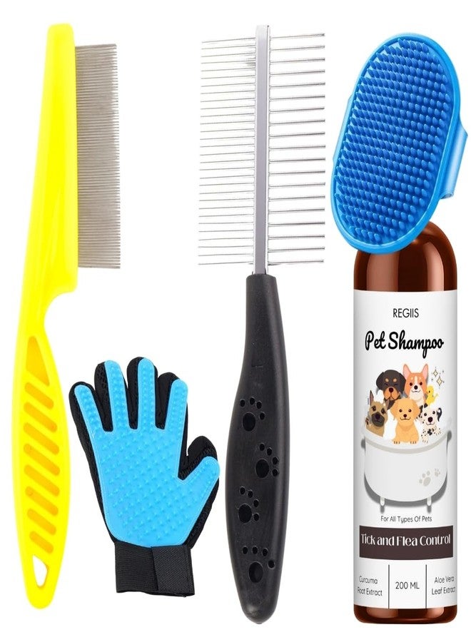 Regiis Pet Grooming Kit with Shampoo, Tick and Flea Control, Double Sided Metal Comb, Deshedding Glove, Massage Brush, Blue and Yellow(PACK OF 5) - Image 1